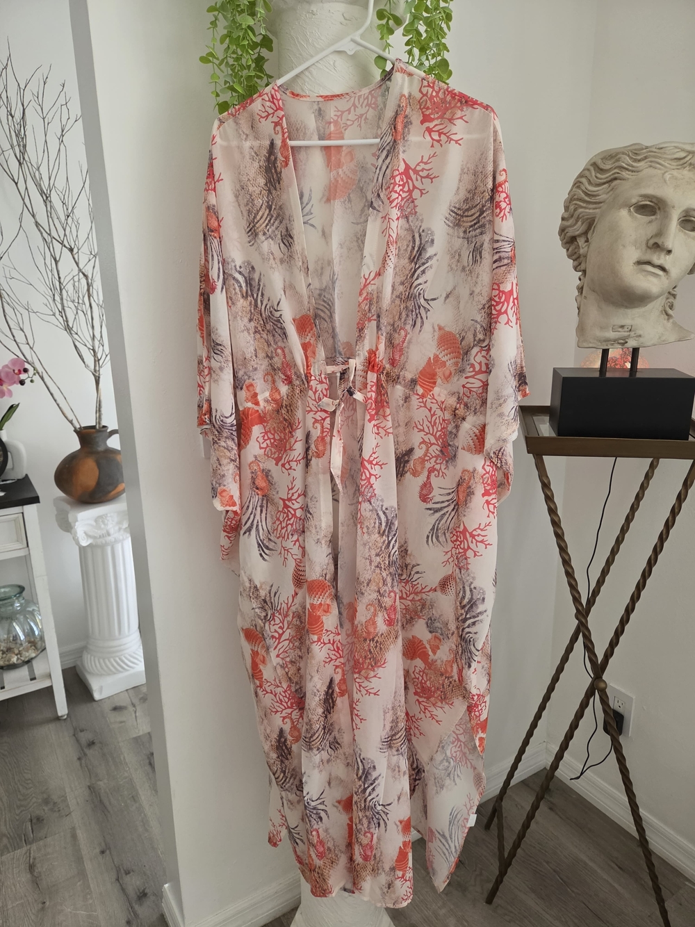 Sheer Coral & Cream Tie-Waist Kaftan Dress